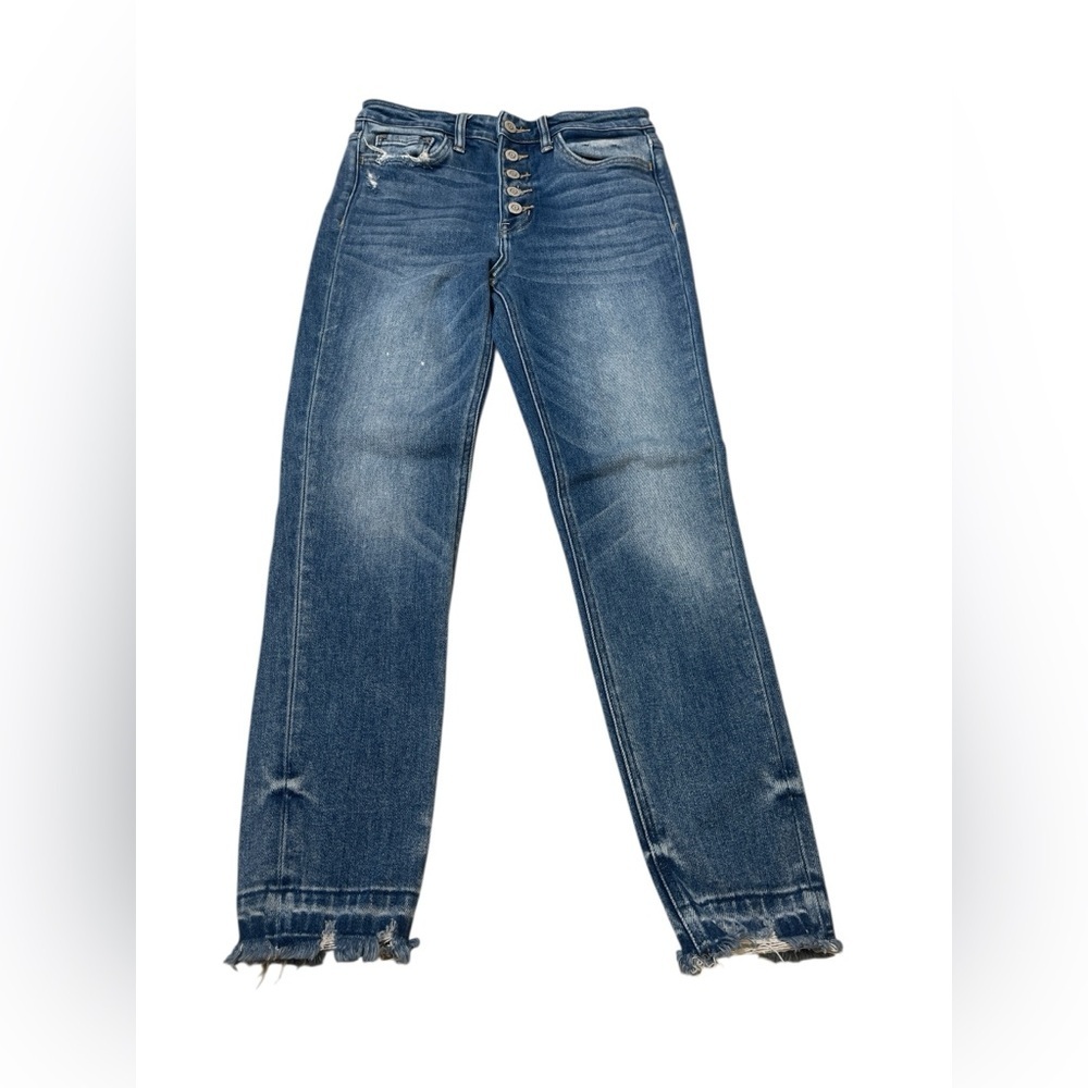 Flying Monkey High Rise Button Fly Raw Hem Dark Wash Stretch Jeans Size 27